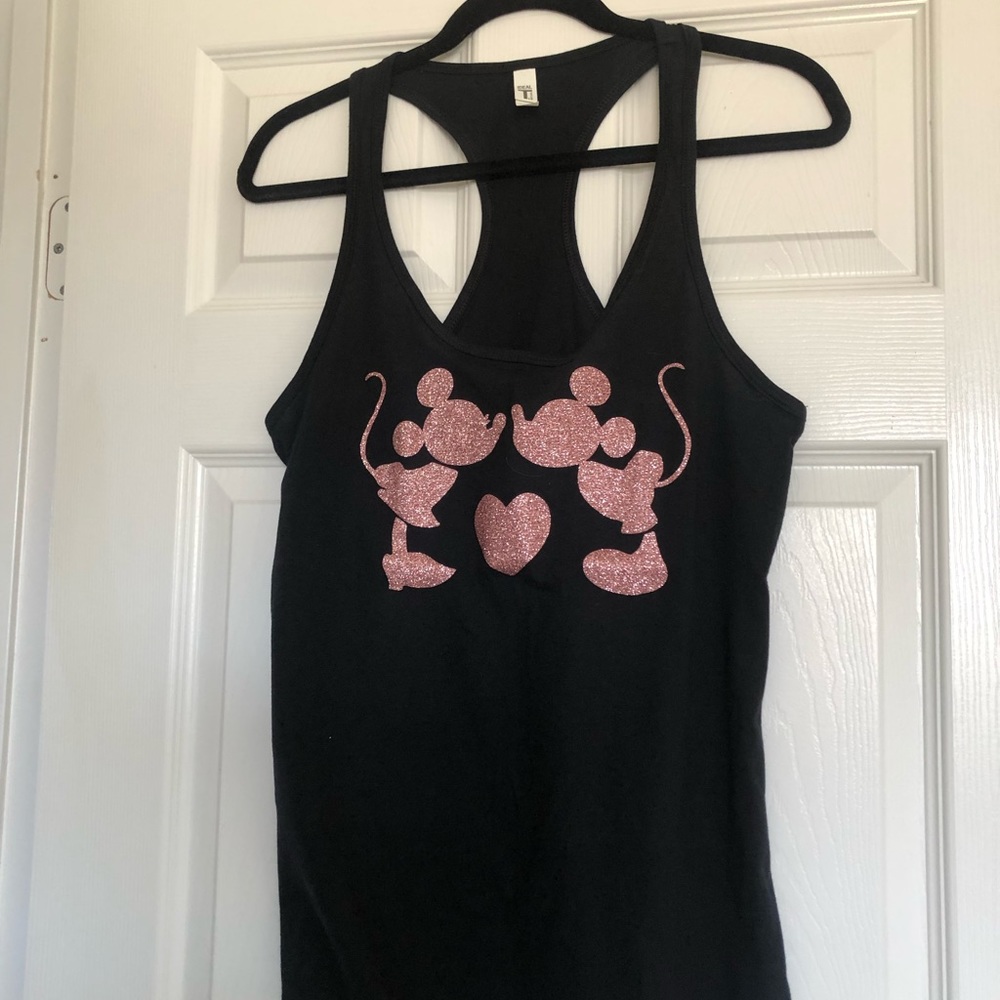 DISNEY Black Tank Mickey and Minnie silhouettes in rose gold